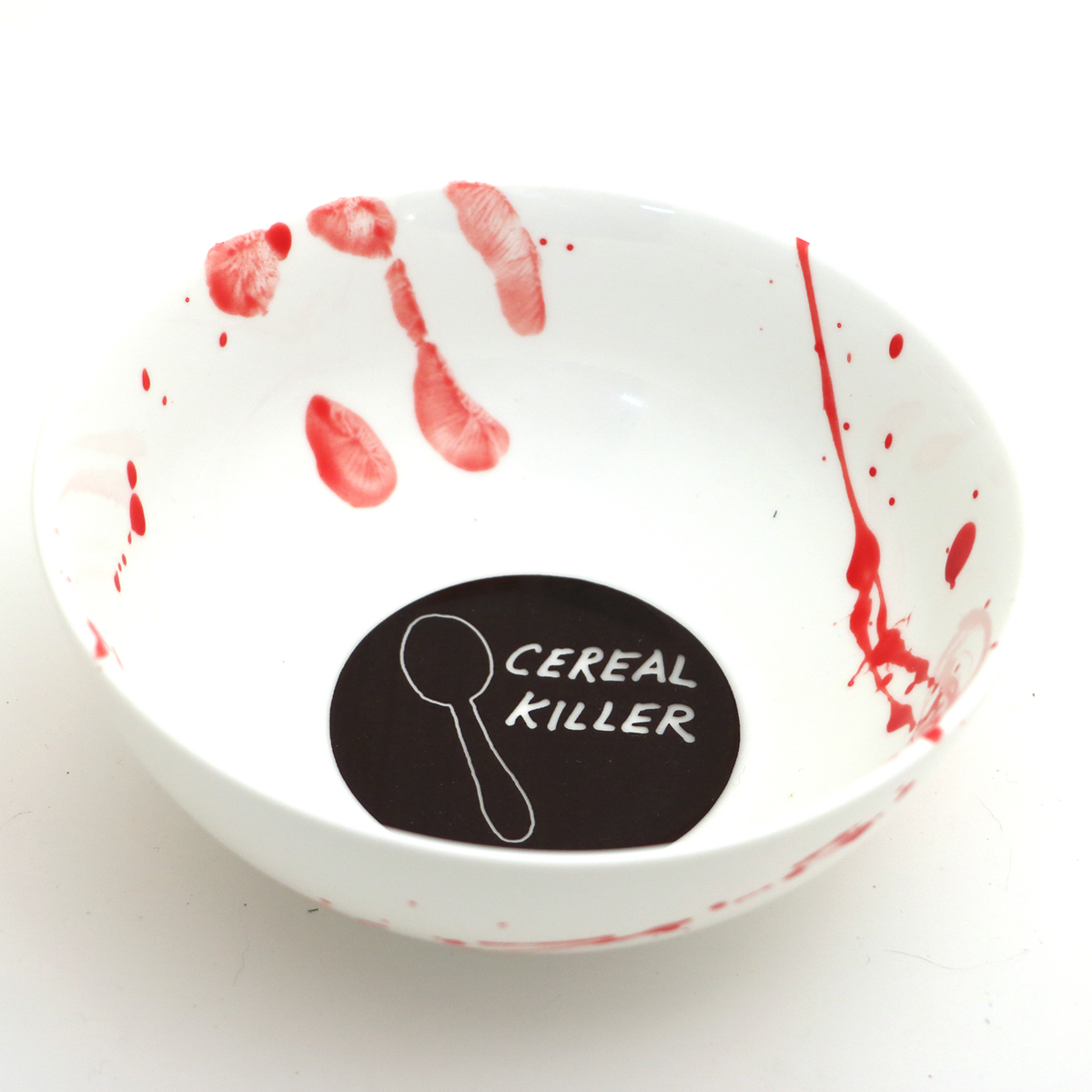 Bol Cereal Killer Lenny Mud en argile grès blanc avec éclaboussures rouges et inscription noire
