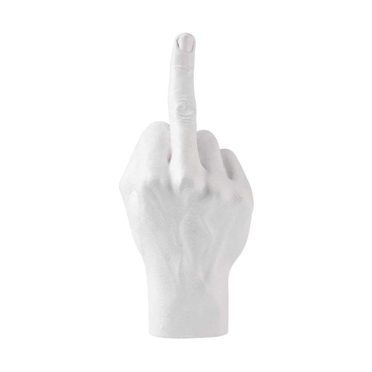 Sculpture Doigt Blanc Bitten représentant une main faisant un doigt d’honneur au style minimaliste