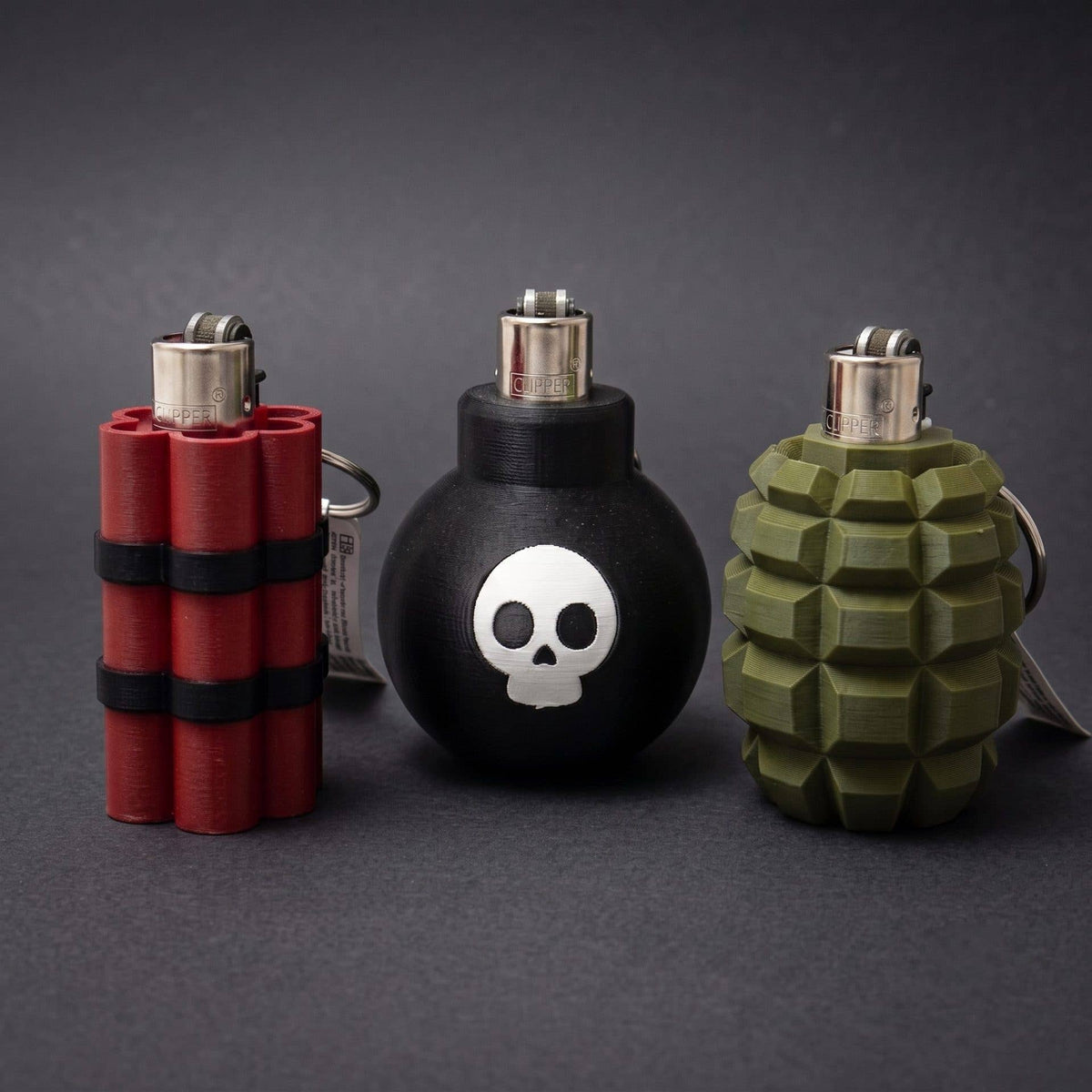 Briquet Granata Superstuff vert kaki en forme de grenade avec reliefs géométriques et anneau métallique