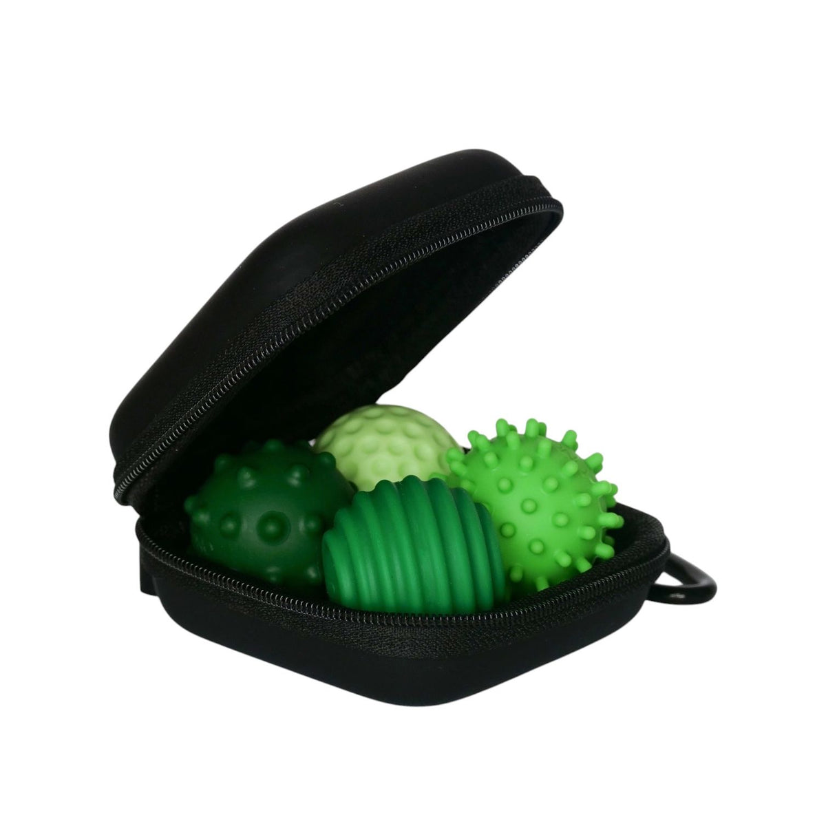 Pack ONO Émeraude de quatre balles magnétiques anti-stress en silicone vert avec textures variées dans un étui zippé noir