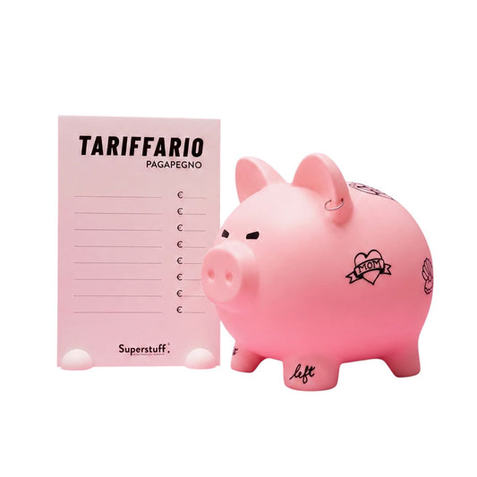 Tirelire Pagapegno Superstuff en forme de cochon rose tatoué avec tableau de tarifs personnalisable